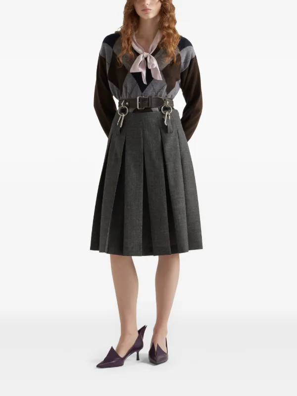 Prada Belted Pleated Midi Skirt | Grey | FARFETCH