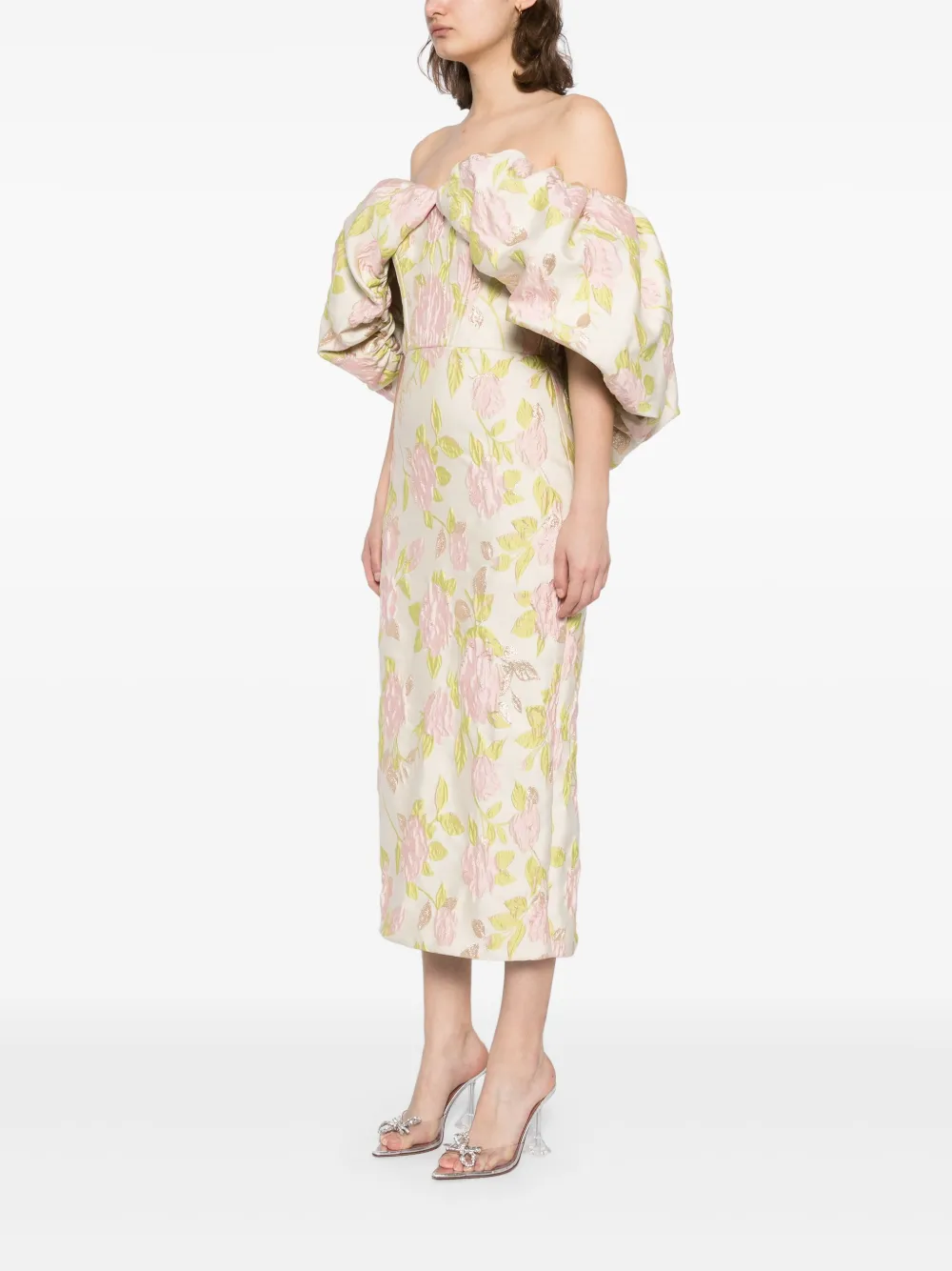 Amsale Off-shoulder jurk met bloemen jacquard Beige