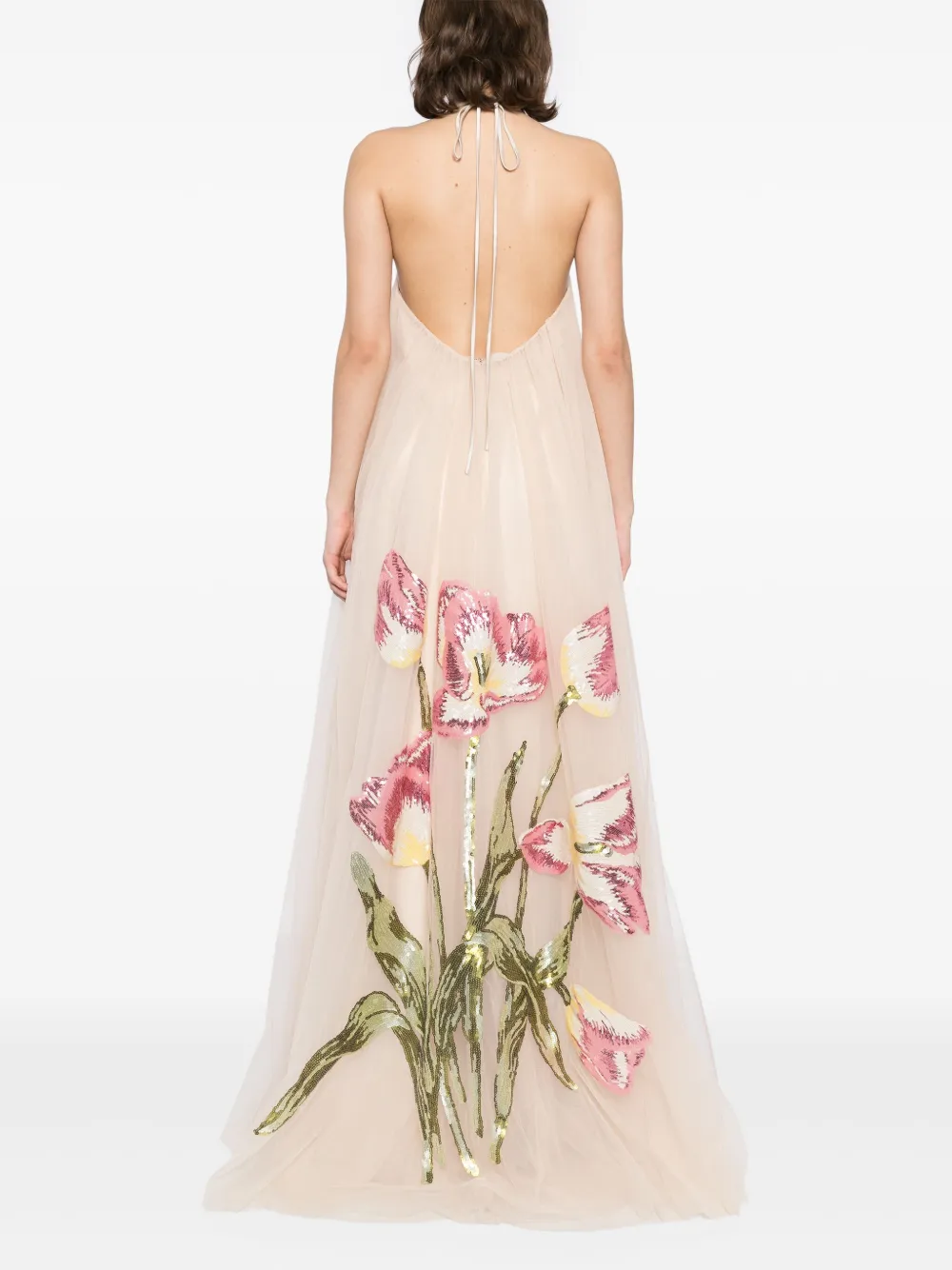 Amsale Tulip halterjurk met pailletten Beige