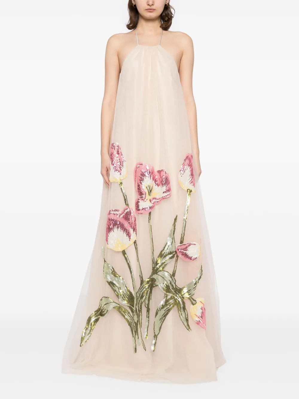 Amsale Tulip halterjurk met pailletten - Beige
