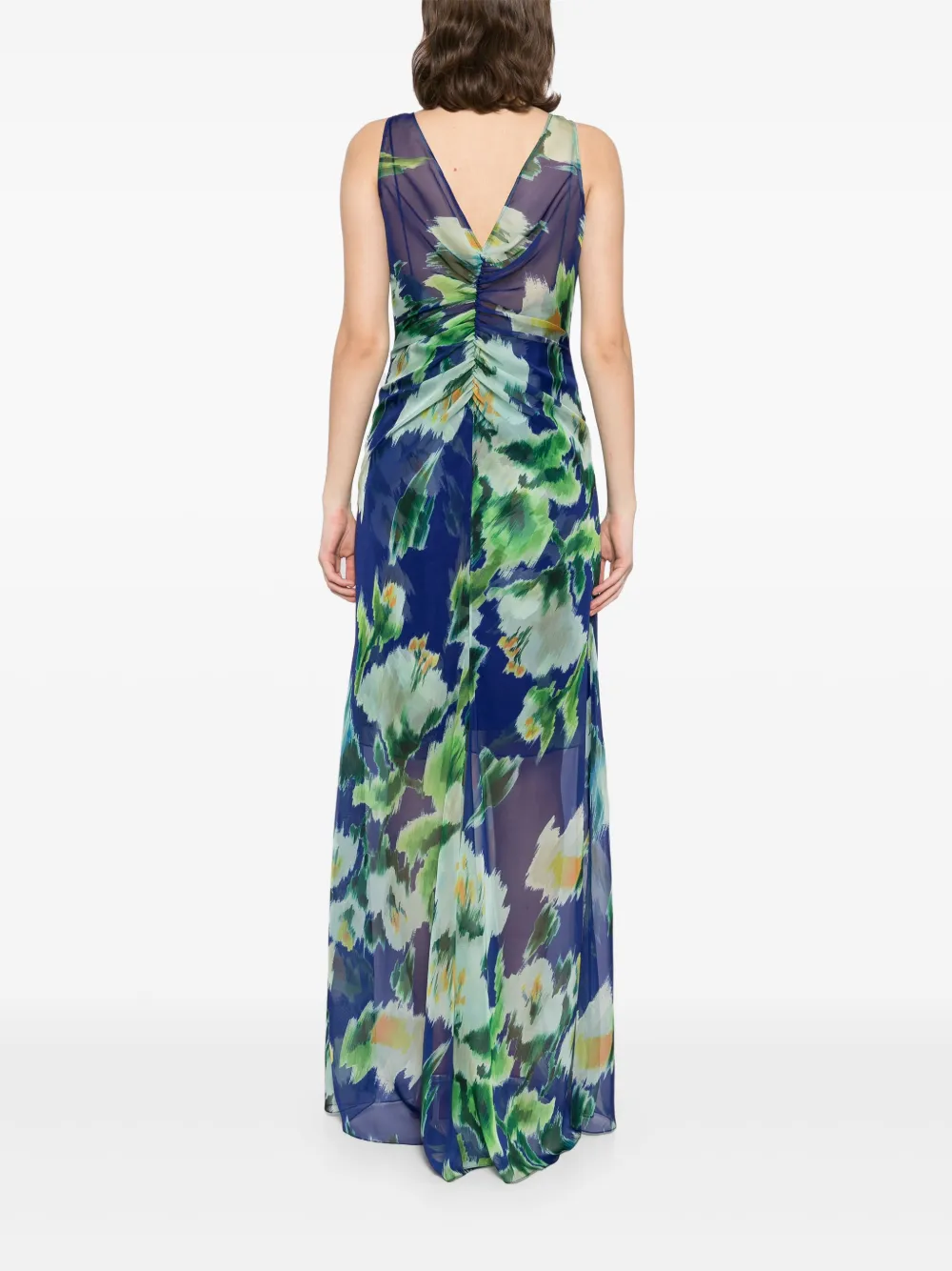 Amsale Gesmockte chiffon jurk met print Blauw