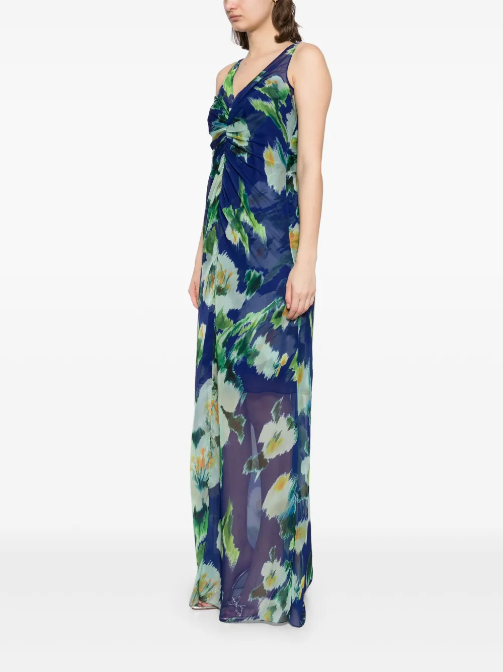 Amsale Gesmockte chiffon jurk met print Blauw