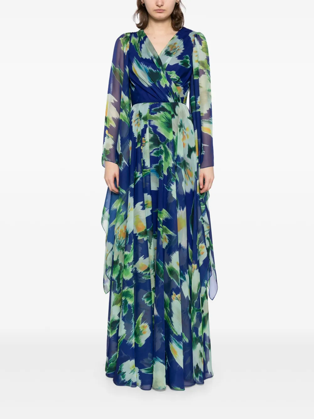 Amsale Chiffon avondjurk met print en wijde mouwen - Blauw