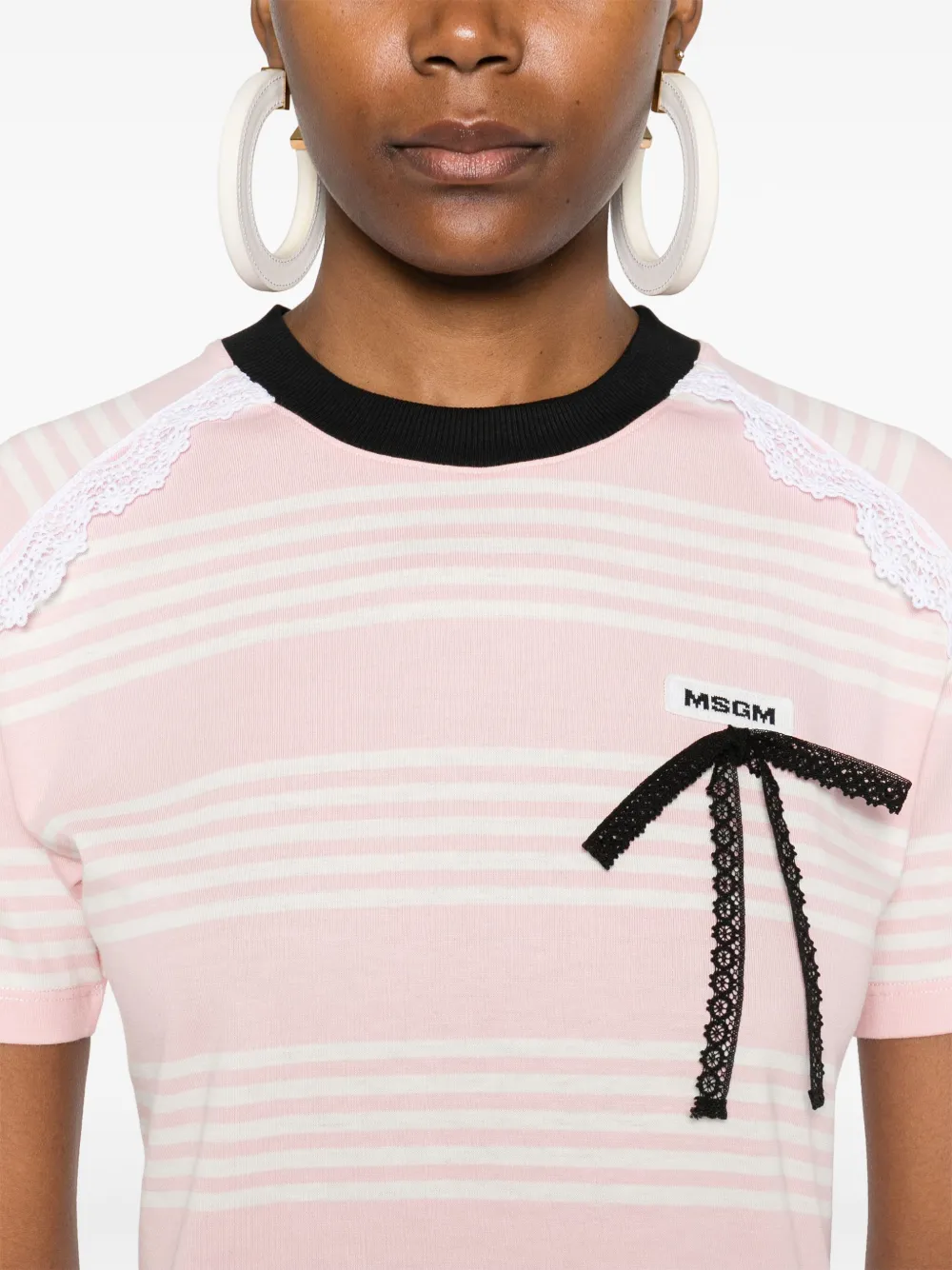 Msgm White And Pink Striped Cotton T-shirt With Bow In Pink