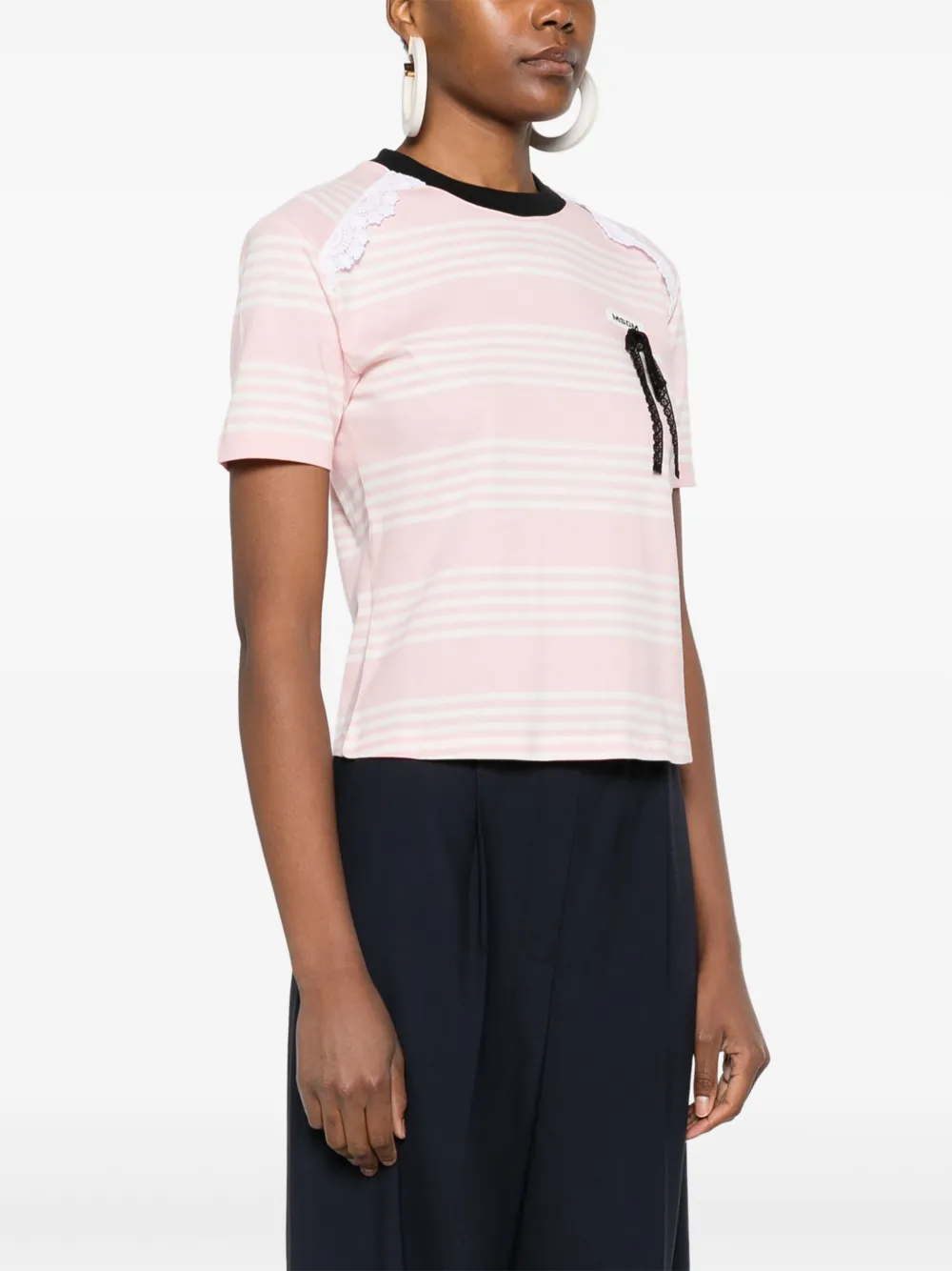Msgm White And Pink Striped Cotton T-shirt With Bow In Pink