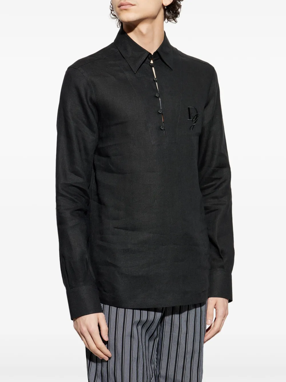 Dolce & Gabbana Linnen overhemd met geborduurd logo Zwart