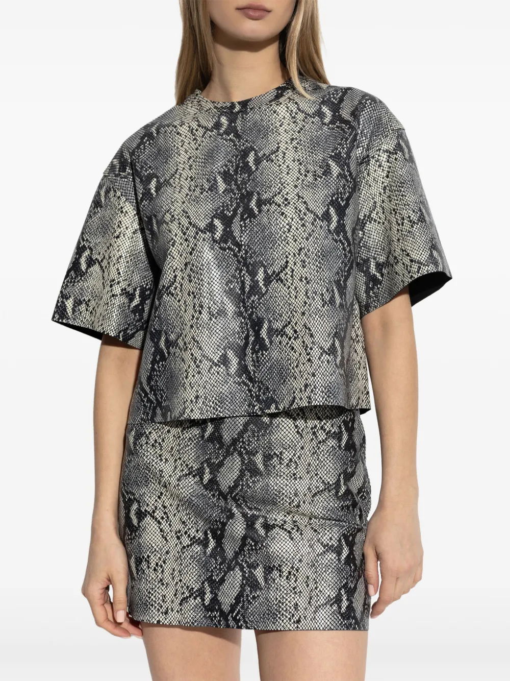 Allsaints Renai Foil Snake Print Suede T-shirt In Grey