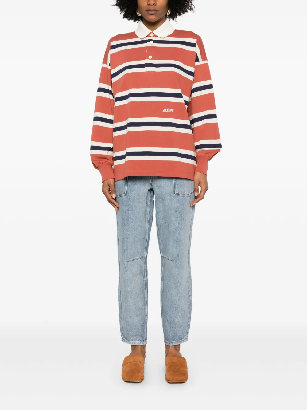 Shop Autry Striped Polo Shirt In Orange