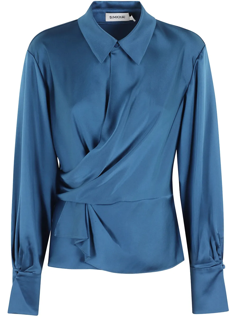 Simkhai Satin-finish Long-sleeve Blouse With Draped Front In Blue