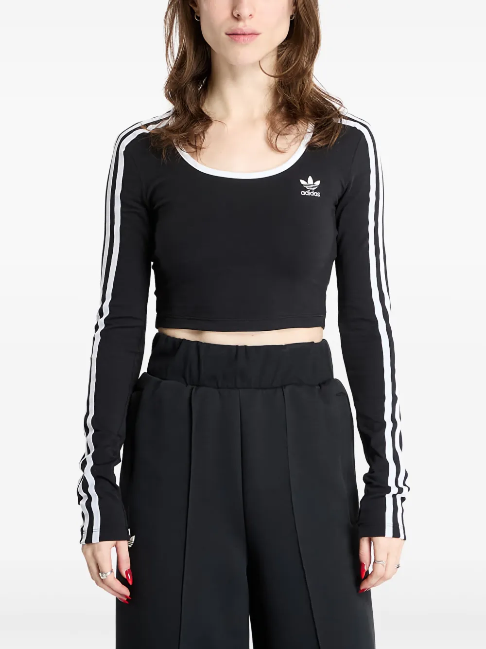 adidas Adicolor 3-Stripes long-sleeve cropped top | Black | Image 1