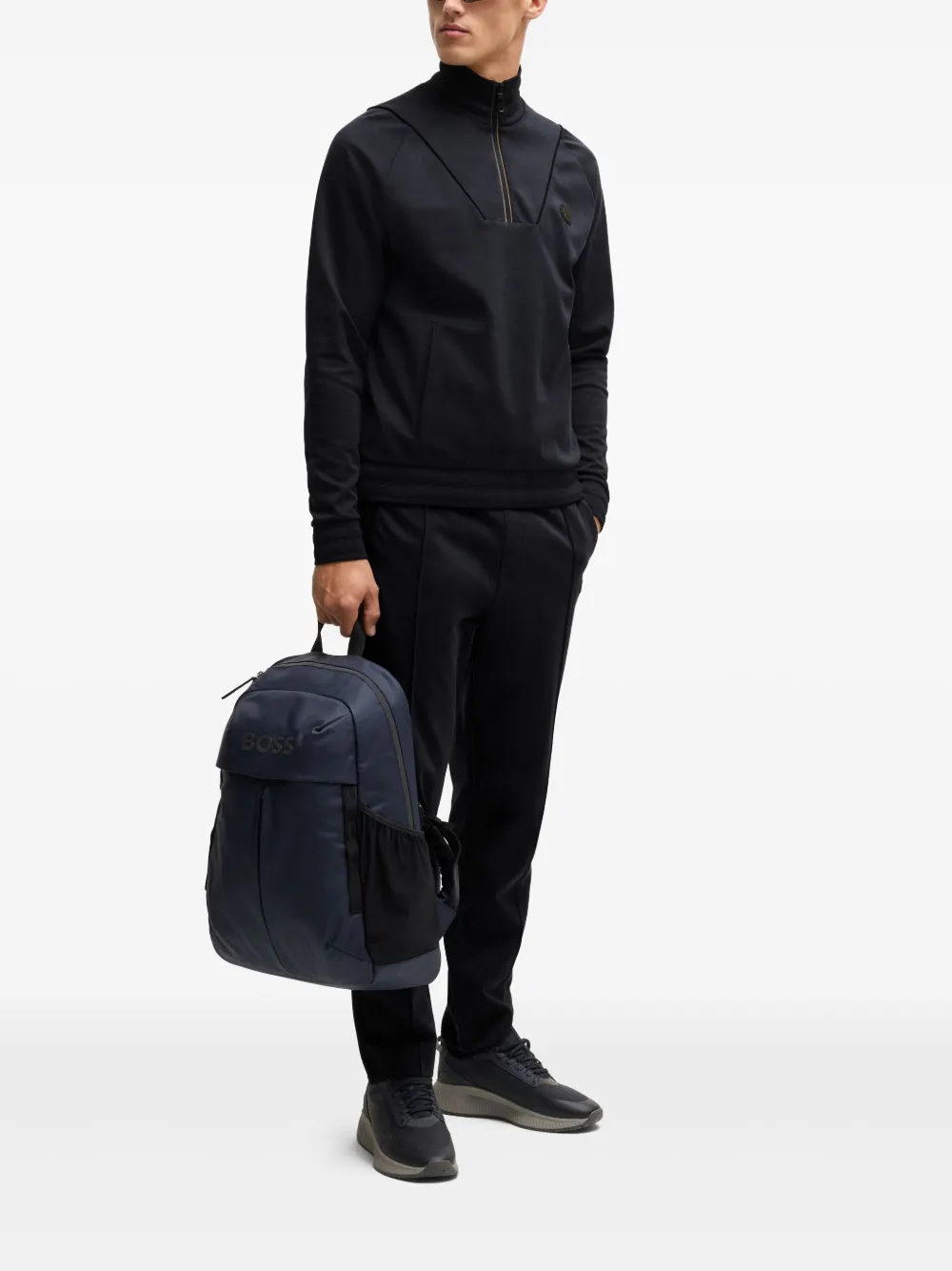 BOSS Sweater met rits en applicatie - Zwart