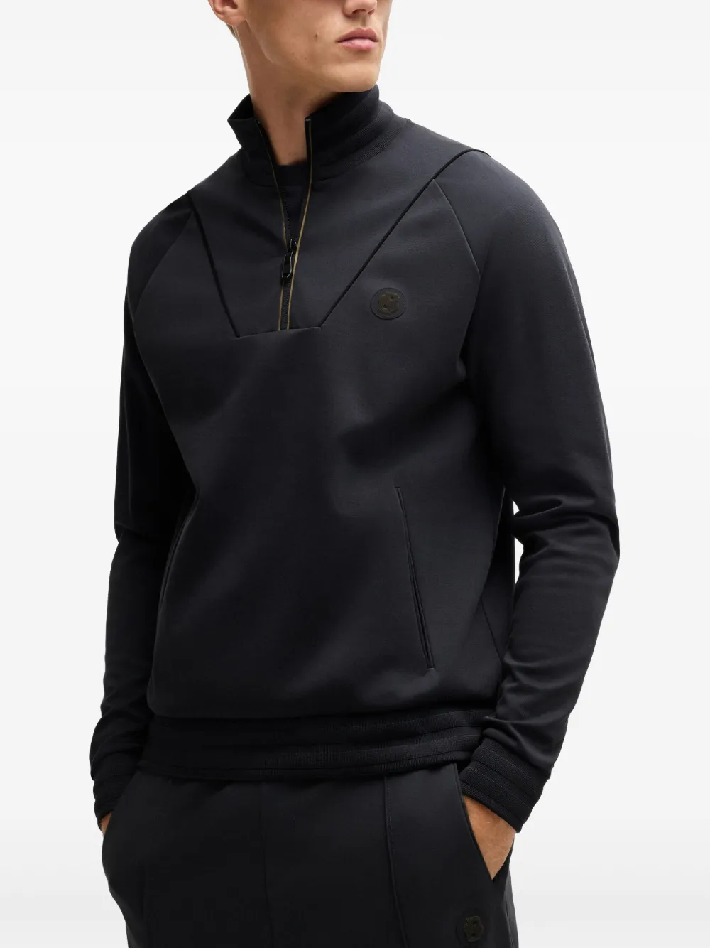 BOSS Sweater met rits en applicatie Zwart