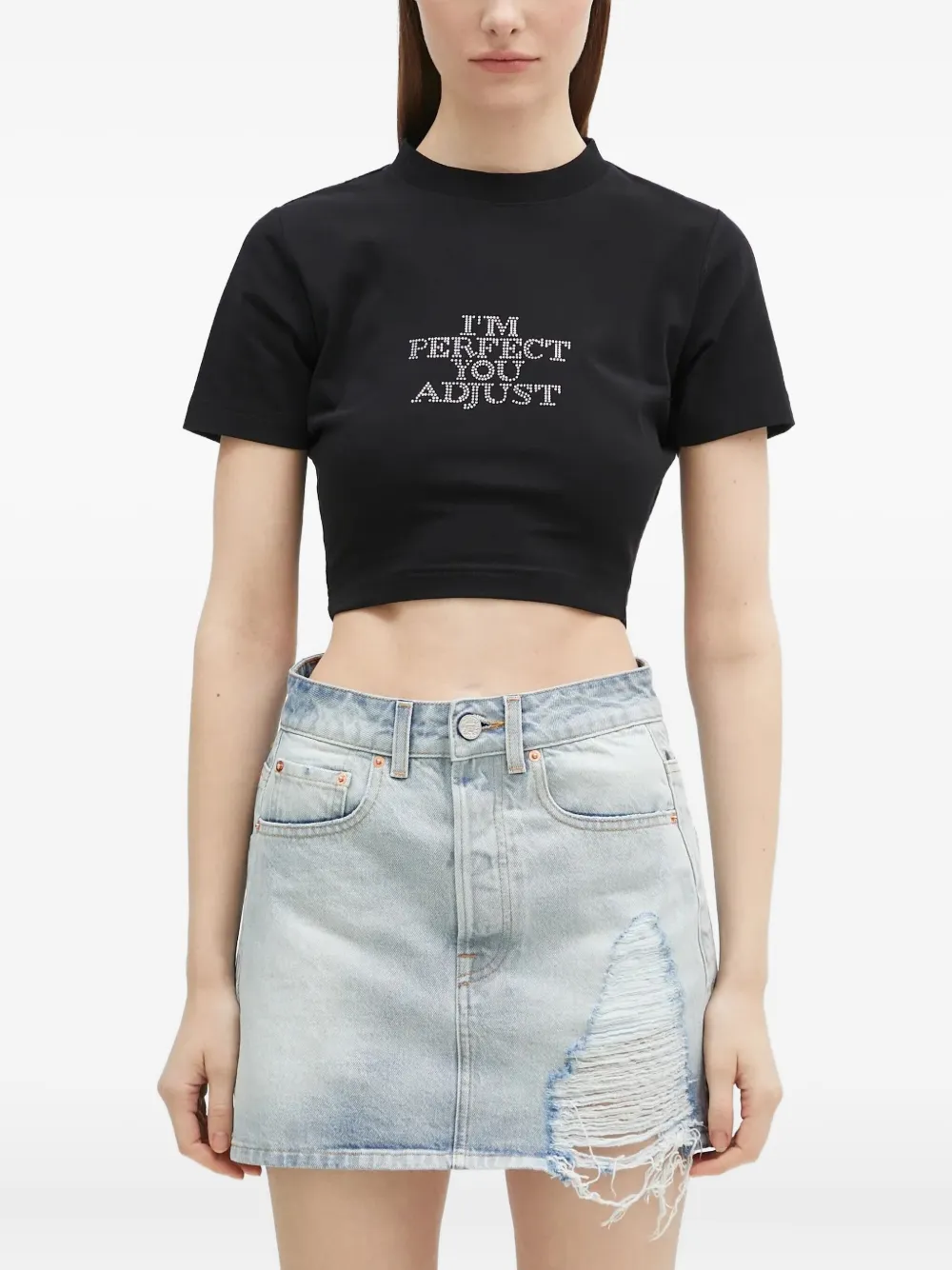VETEMENTS rhinestone-embellished cropped T-shirt Zwart