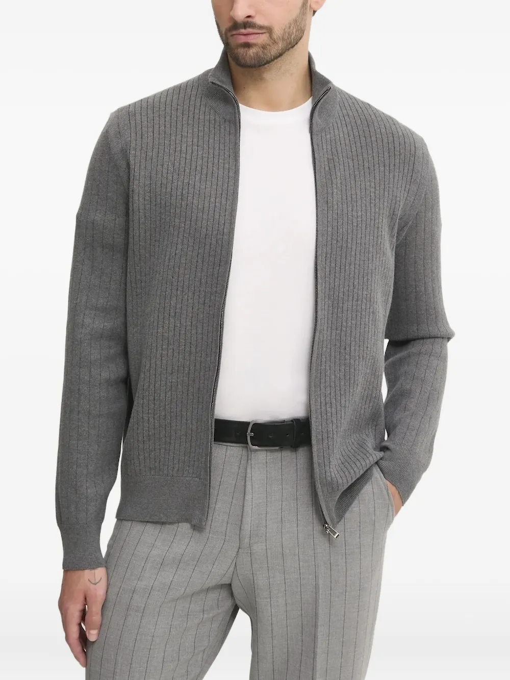 Hugo Boss Ribbed Zip-neck Cardigan In Gray