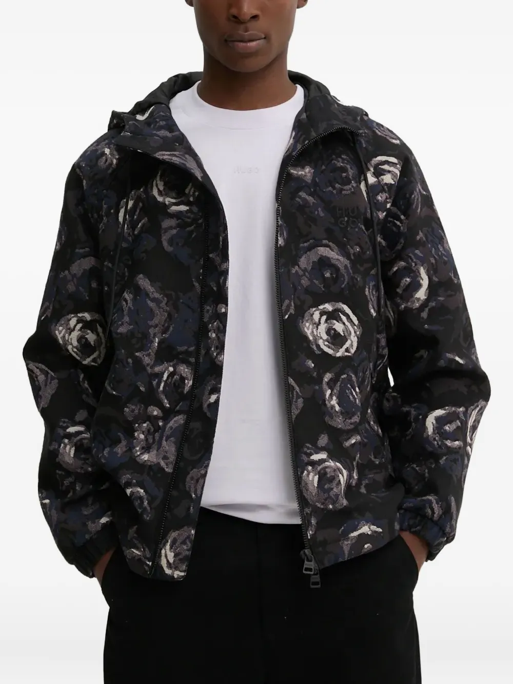 HUGO floral-print hooded jacket | Black | Image 1