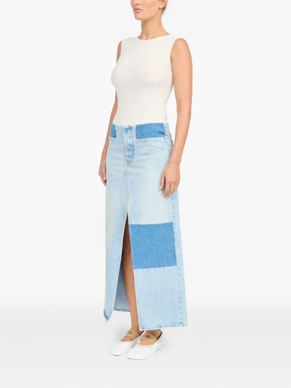 Shop Mm6 Maison Margiela Patchwork Denim Skirt In 蓝色