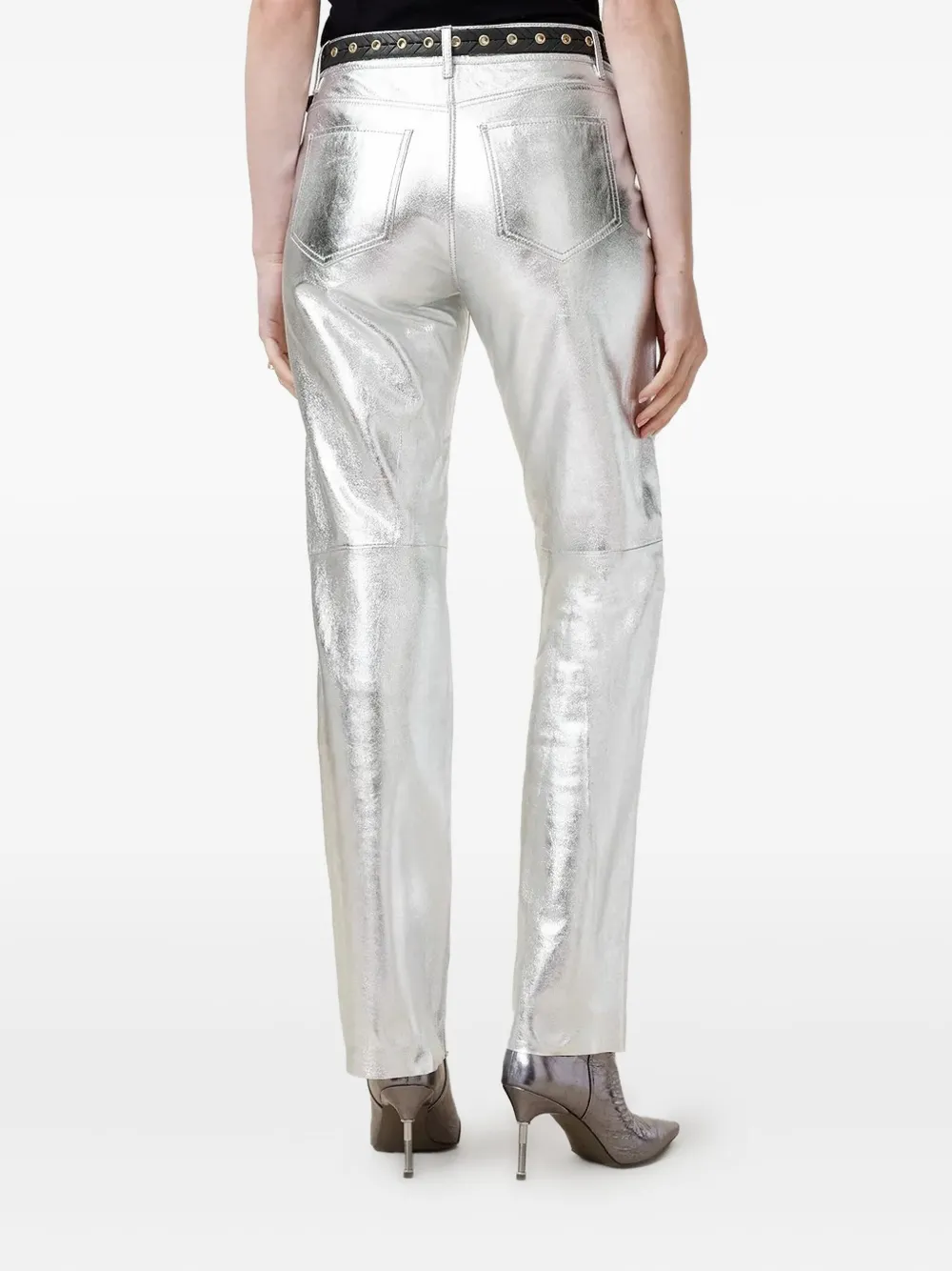 Allsaints Metallic-leather Straight-leg Trousers In Silver