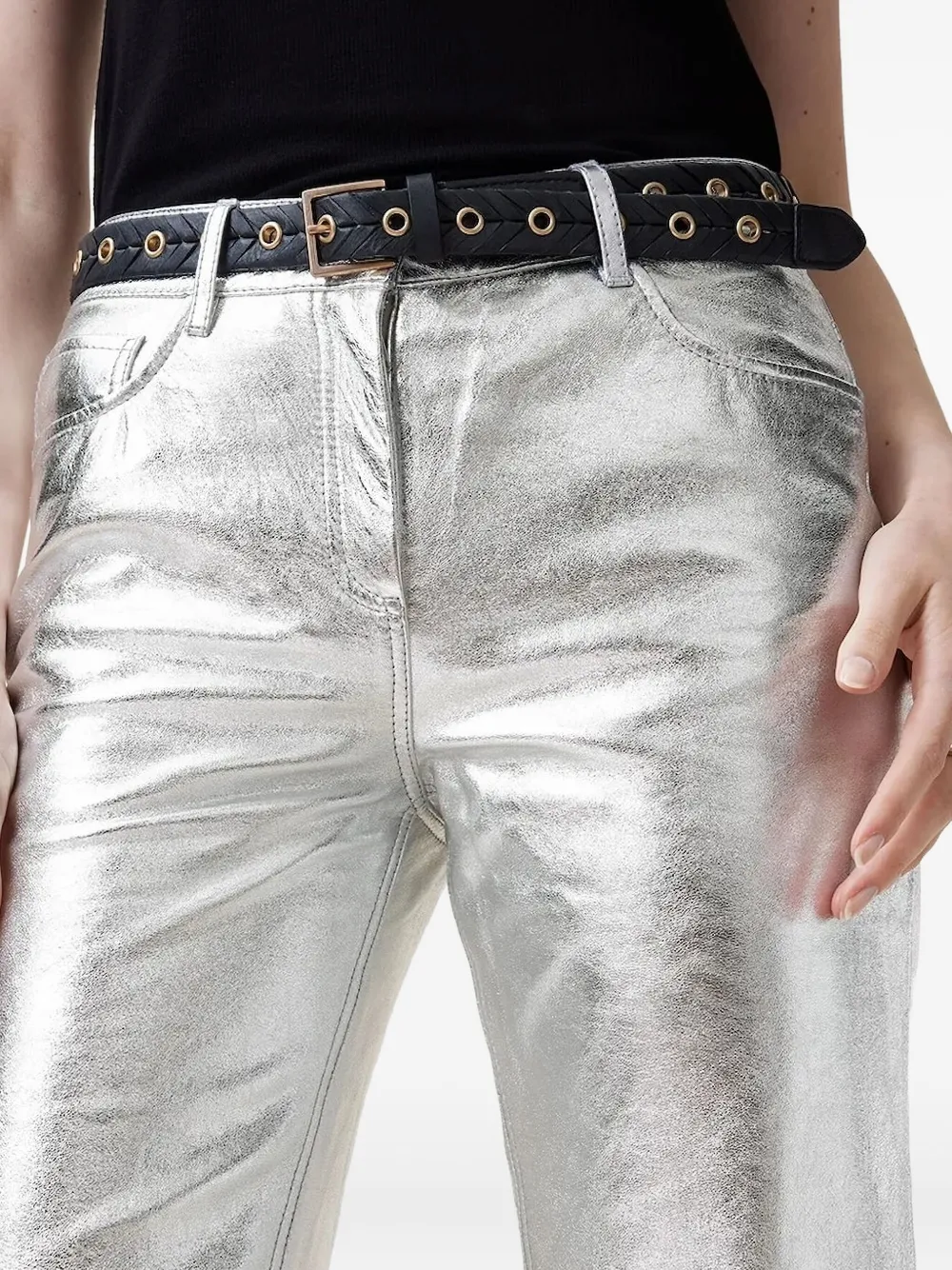 Allsaints Metallic-leather Straight-leg Trousers In Silver