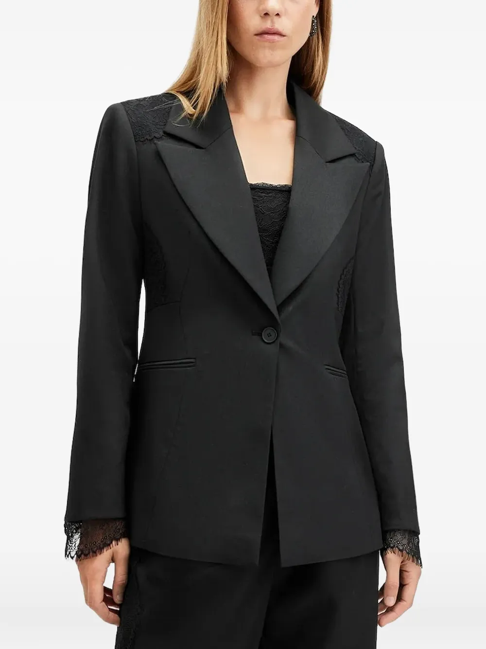 Allsaints Lacey Lace-insert Single-breasted Blazer In Black