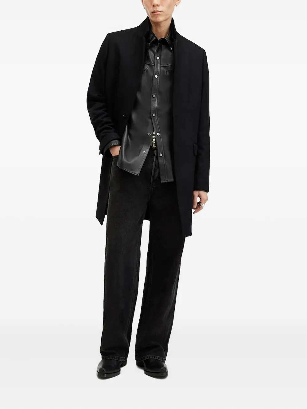 AllSaints Leren overhemd met puntkraag Zwart