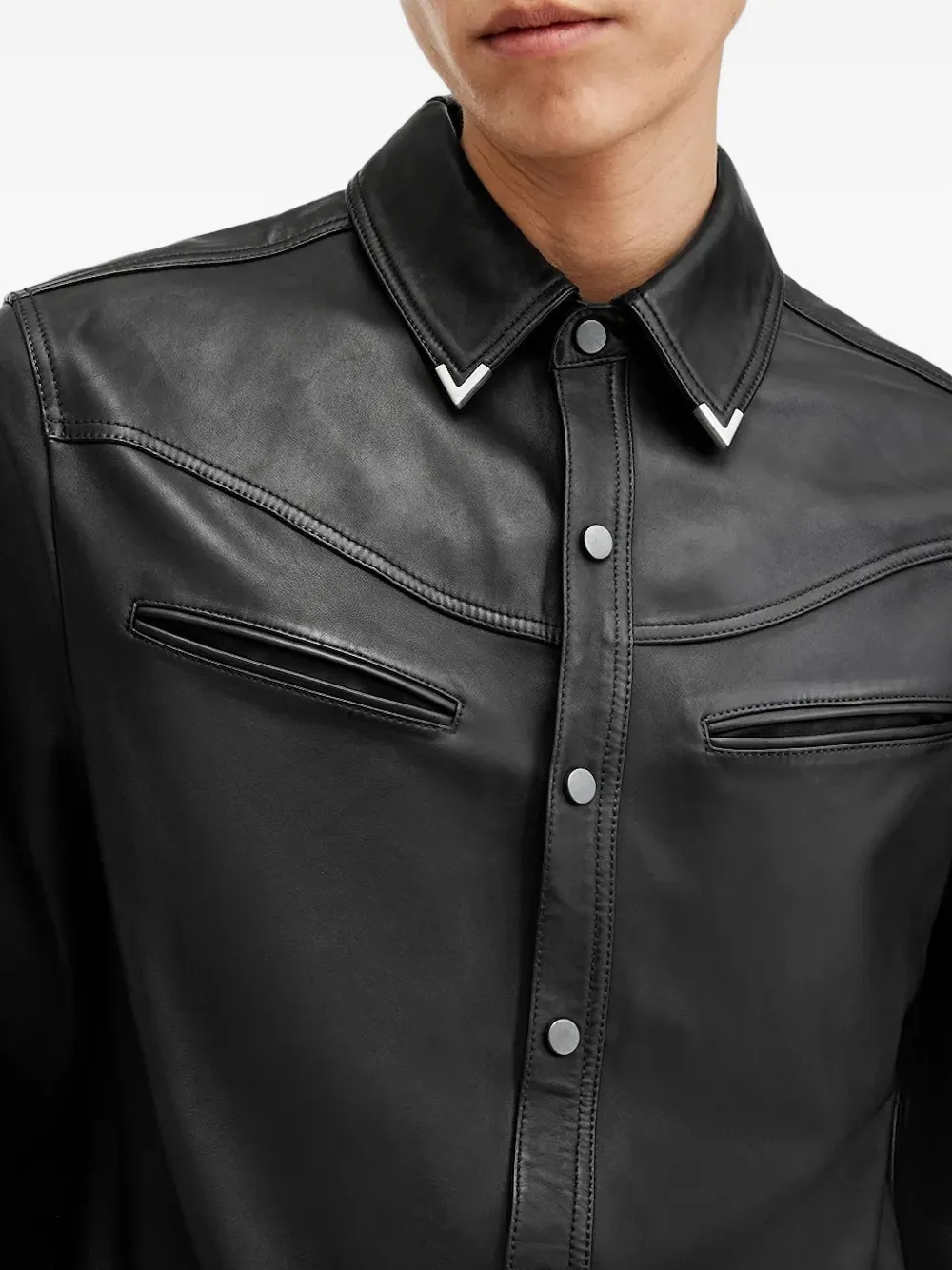 AllSaints Leren overhemd met puntkraag Zwart