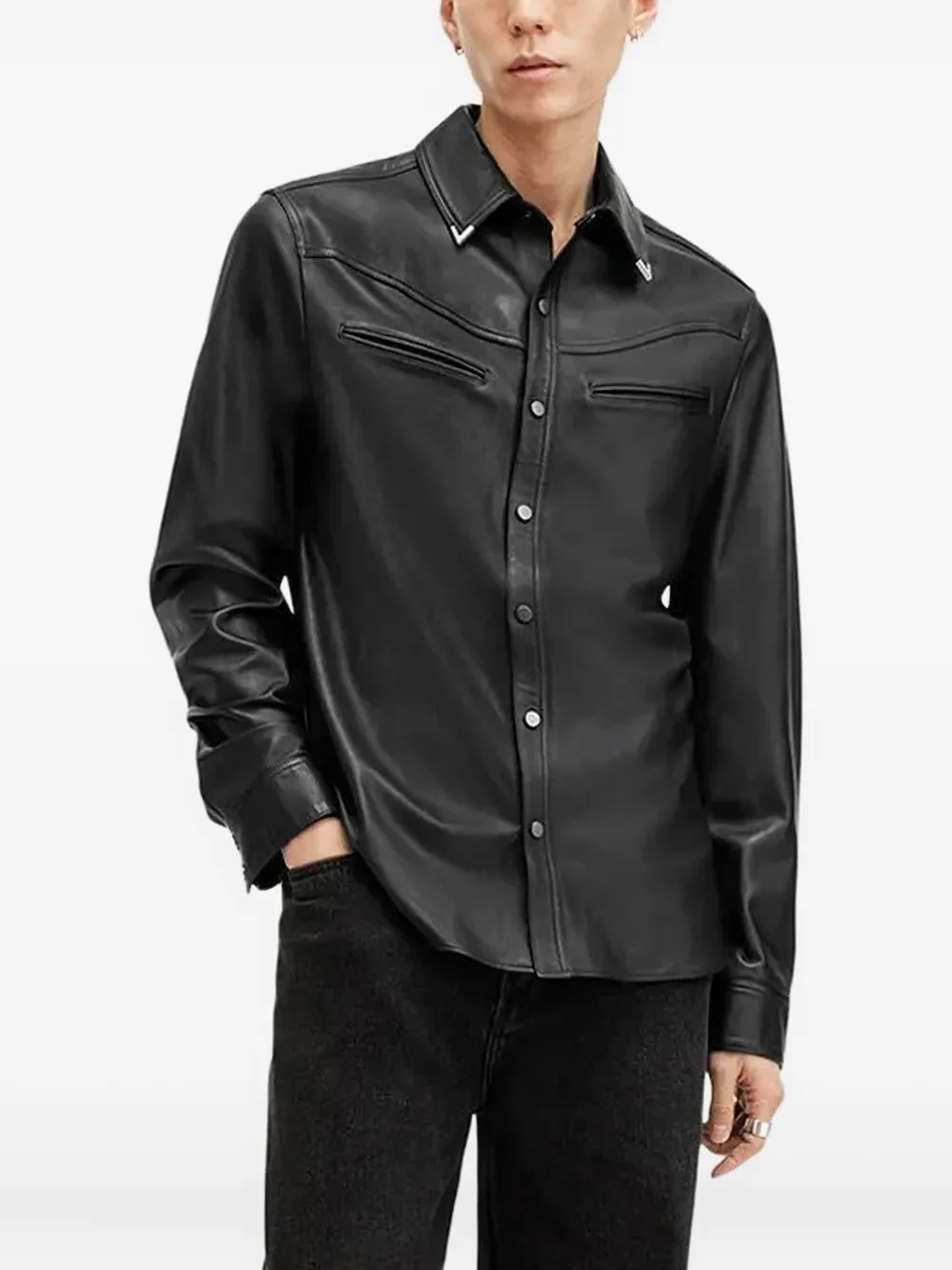 AllSaints leather point-collar shirt | Black | Image 1