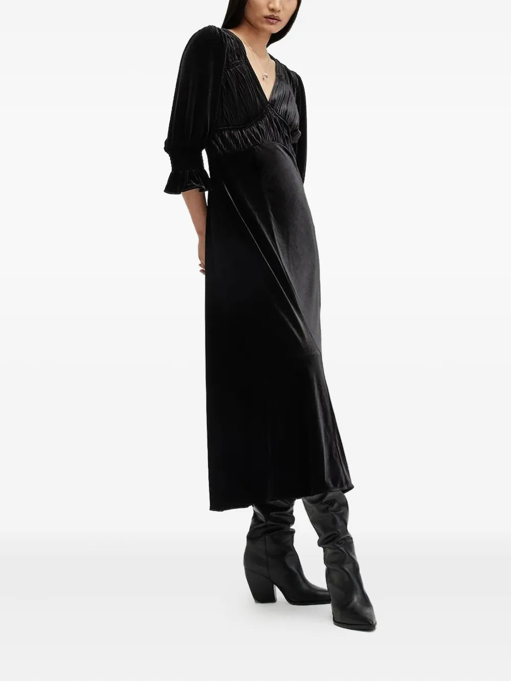 AllSaints Ani fluwelen midi-jurk met plooien Zwart