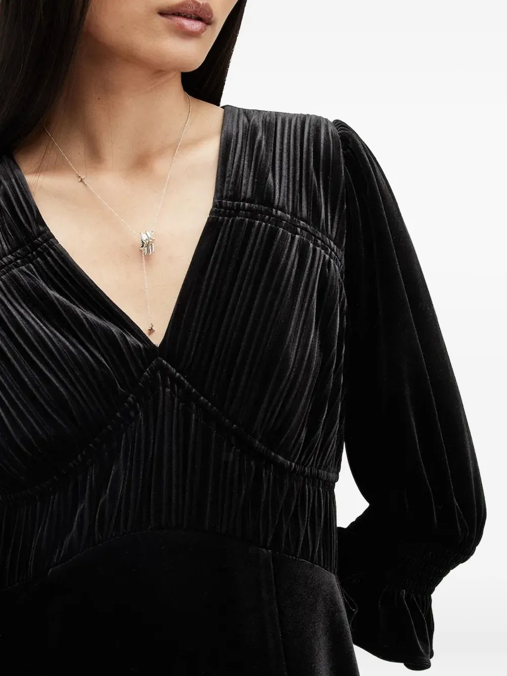AllSaints Ani fluwelen midi-jurk met plooien Zwart