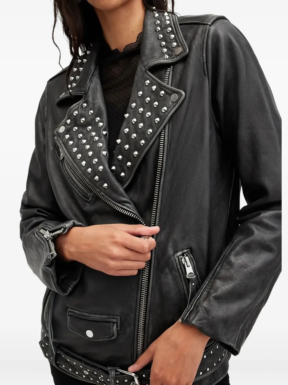 Allsaints Billie Studded-collar Biker Jacket In Black