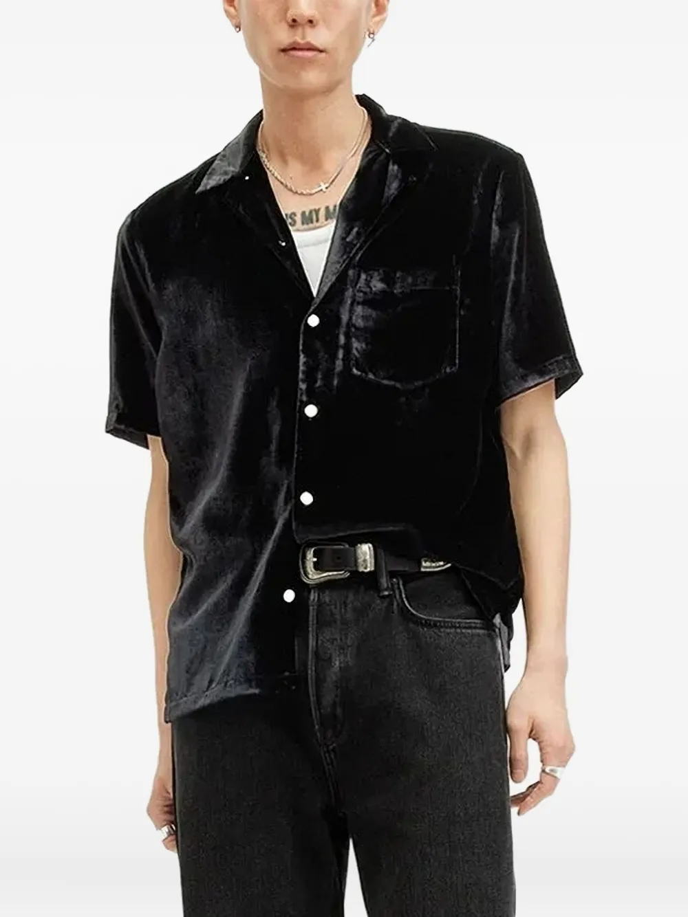 AllSaints Runa velvet short-sleeve shirt | Black | Image 1