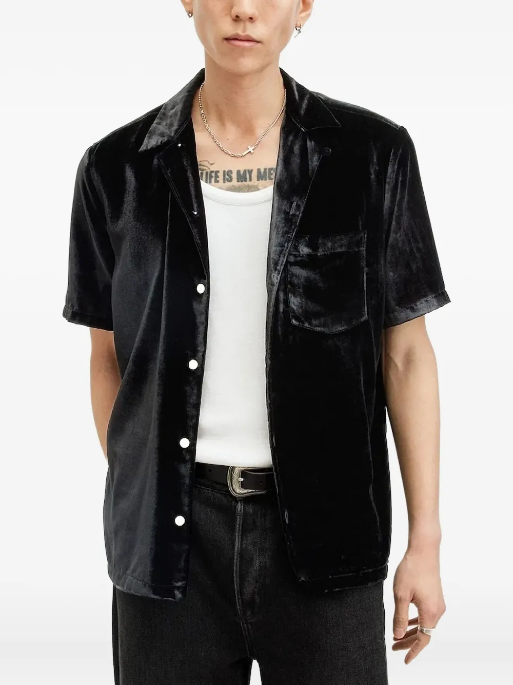 AllSaints Runa fluwelen overhemd met korte mouwen - Zwart