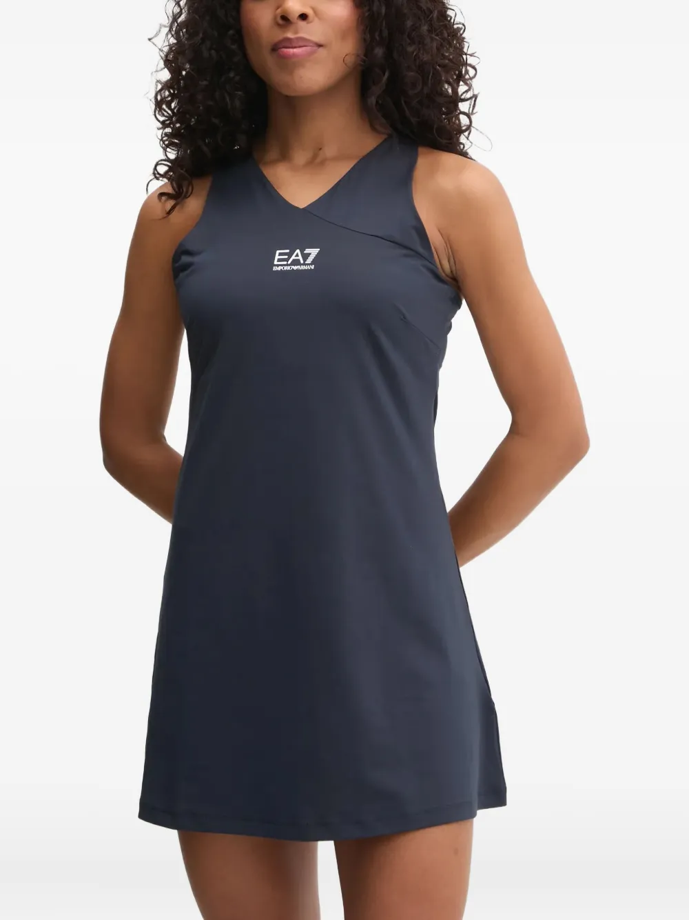 Ea7 V-neck Logo Mini Dress In Blue