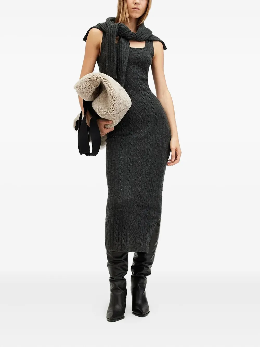 AllSaints Muriel kabelgebreide midi-jurk Zwart
