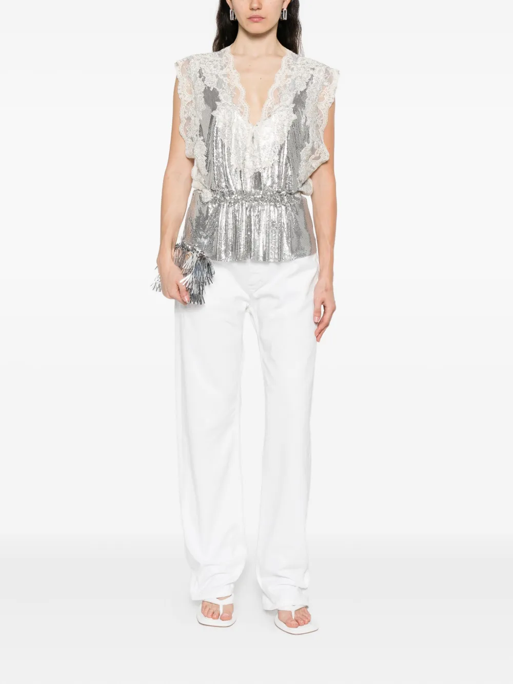 Rabanne lace-insert mesh gathered-waist top | Blouses | Image 2