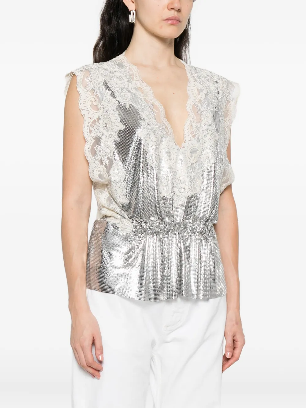 Rabanne Mesh top met gesmockte taille en kant Zilver