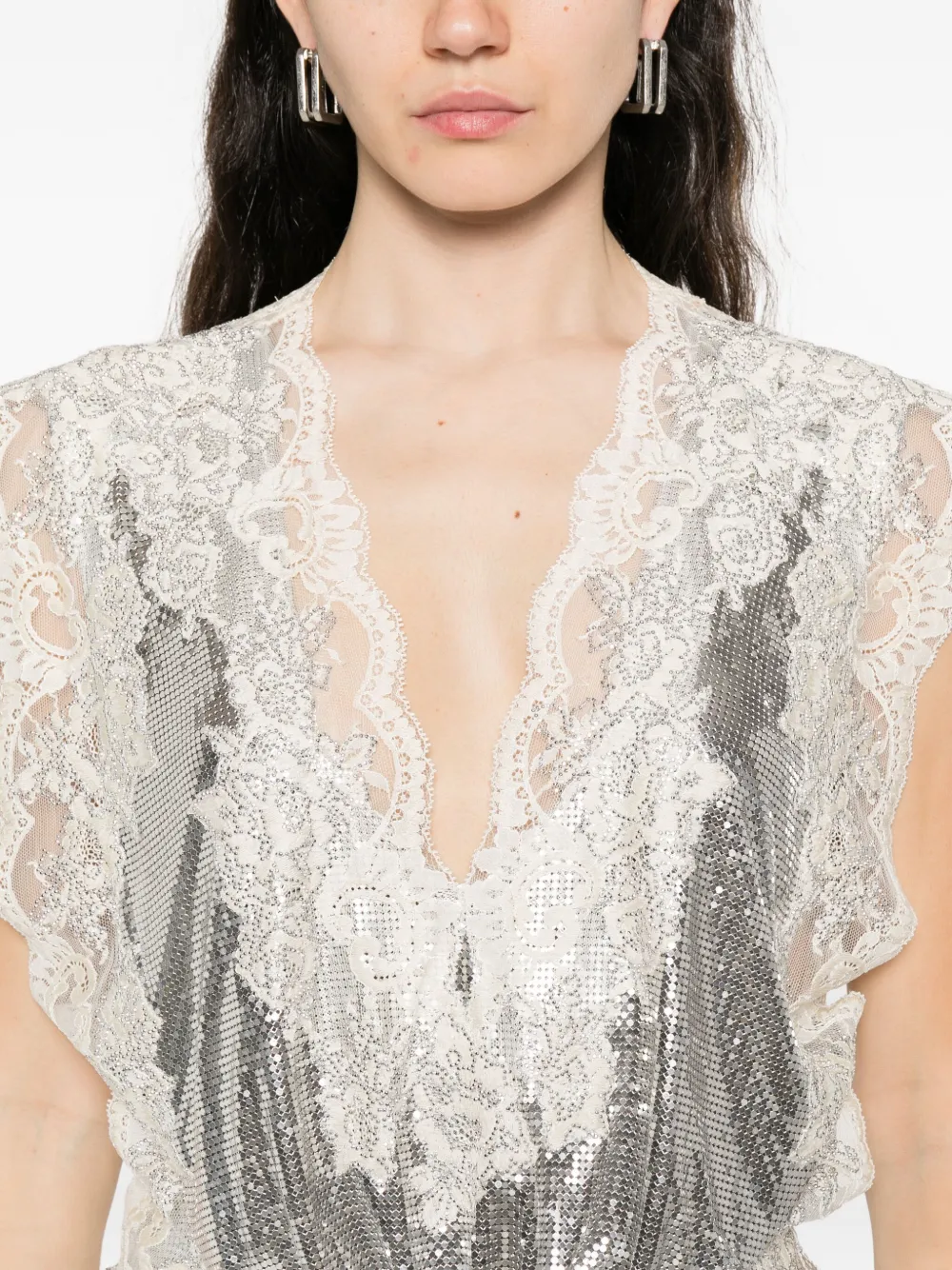 Rabanne Mesh top met gesmockte taille en kant Zilver