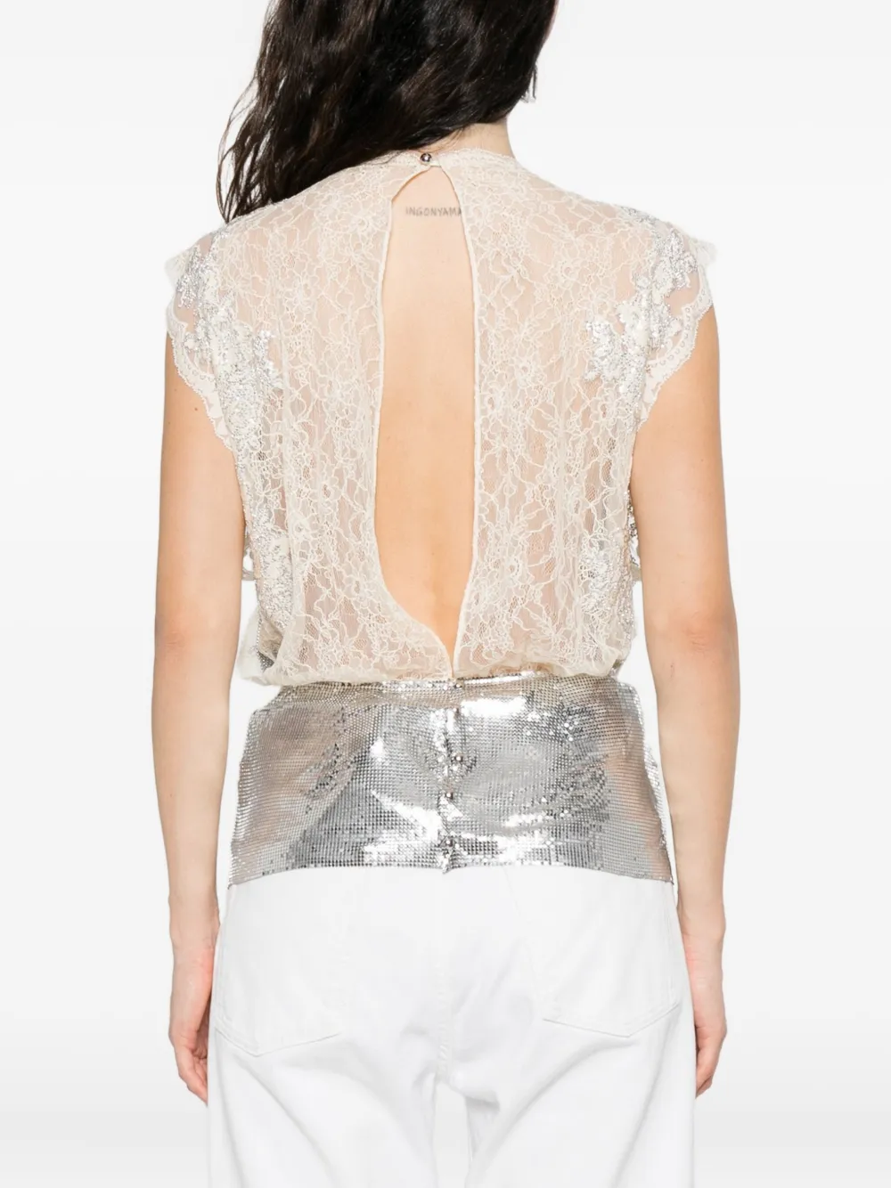 Rabanne Mesh top met gesmockte taille en kant Zilver