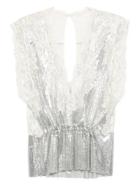 Rabanne lace-insert mesh gathered-waist top