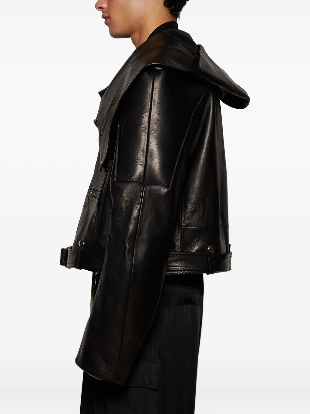Rick Owens Black Hollywood Hooded Stooges Leather Jacket In Black