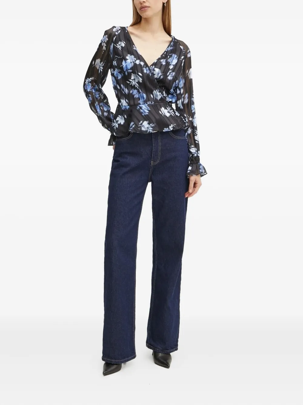 Guess Usa Floral-print Wrap Blouse In Black