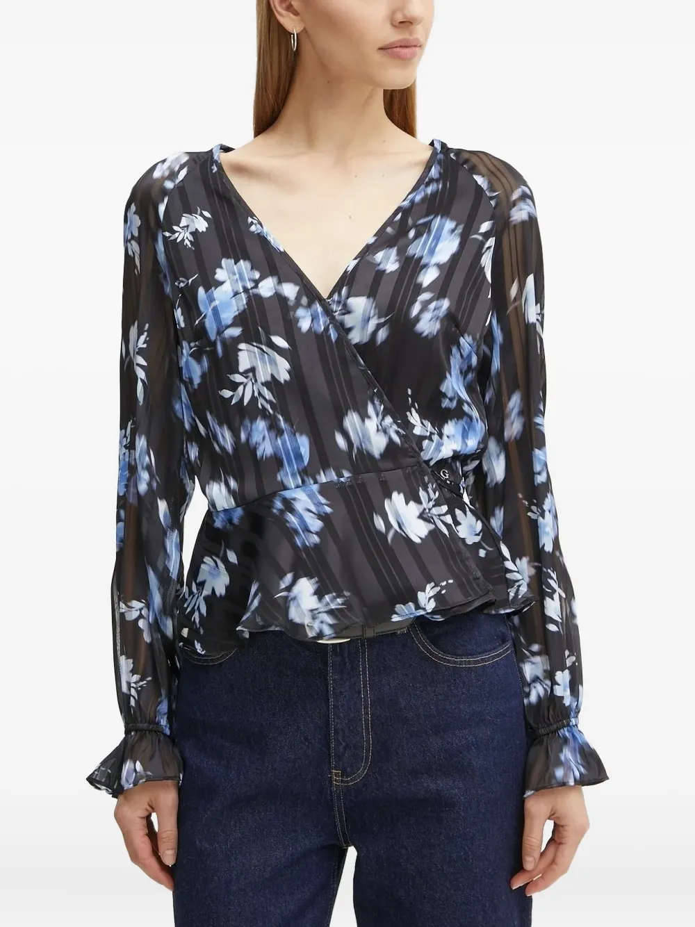 Guess Usa Floral-print Wrap Blouse In Black