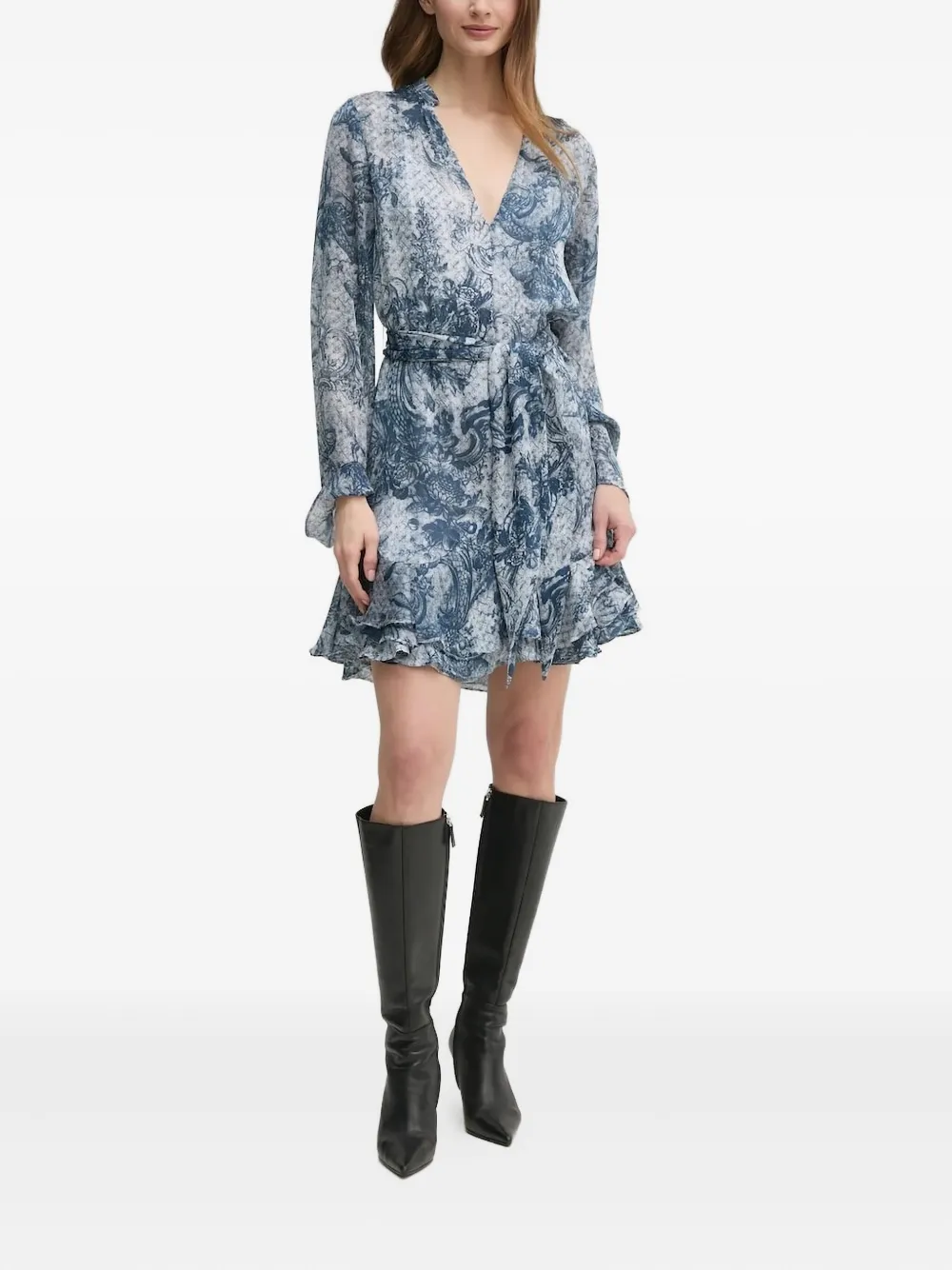 GUESS USA Mini-jurk met ruches en grafische print Blauw