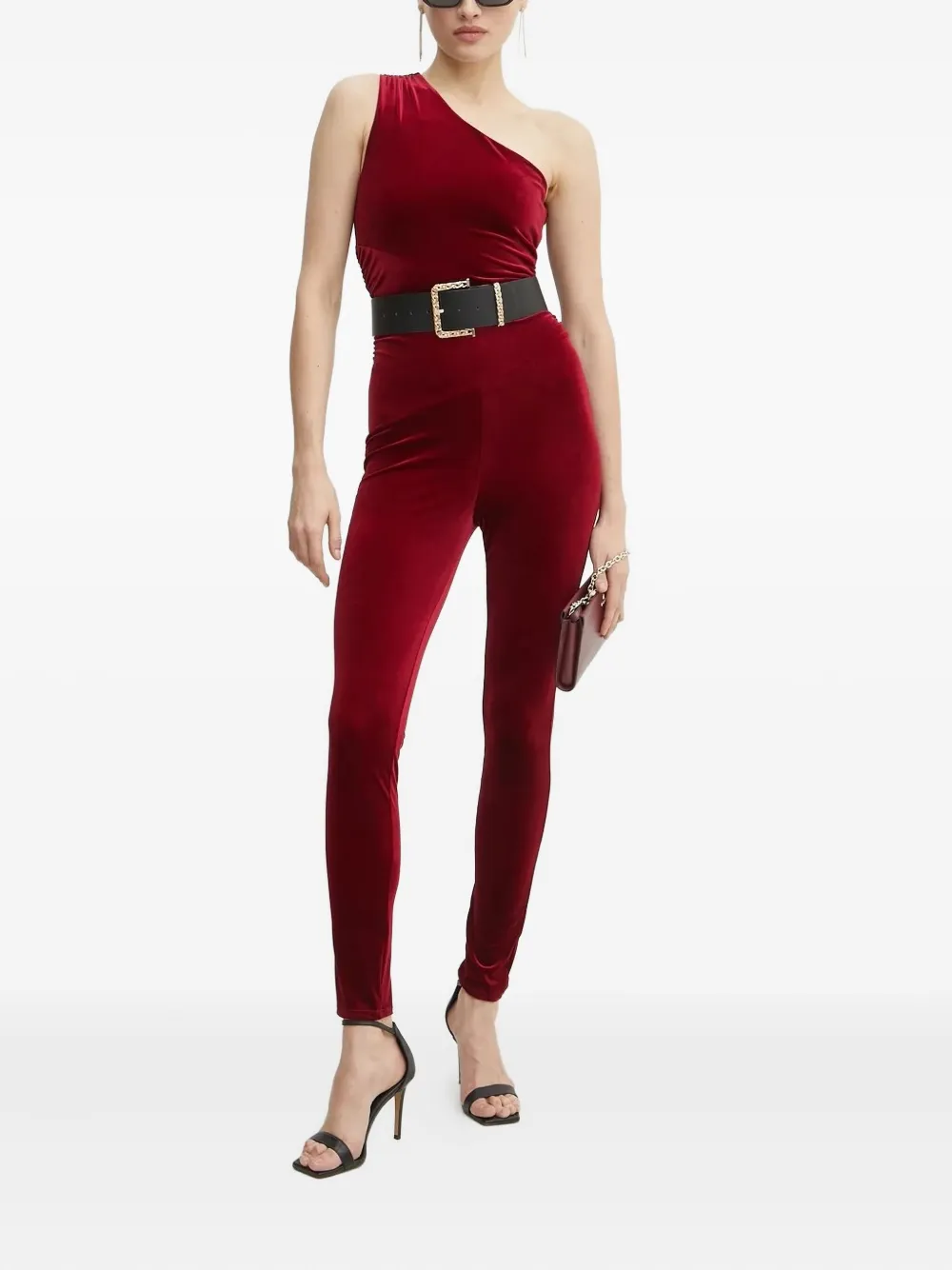 Guess Usa One-shoulder Velvet Jumpsuit In Red