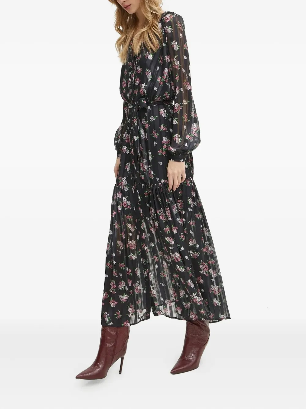 Guess Usa Floral-print Belted Maxi Dress In Black