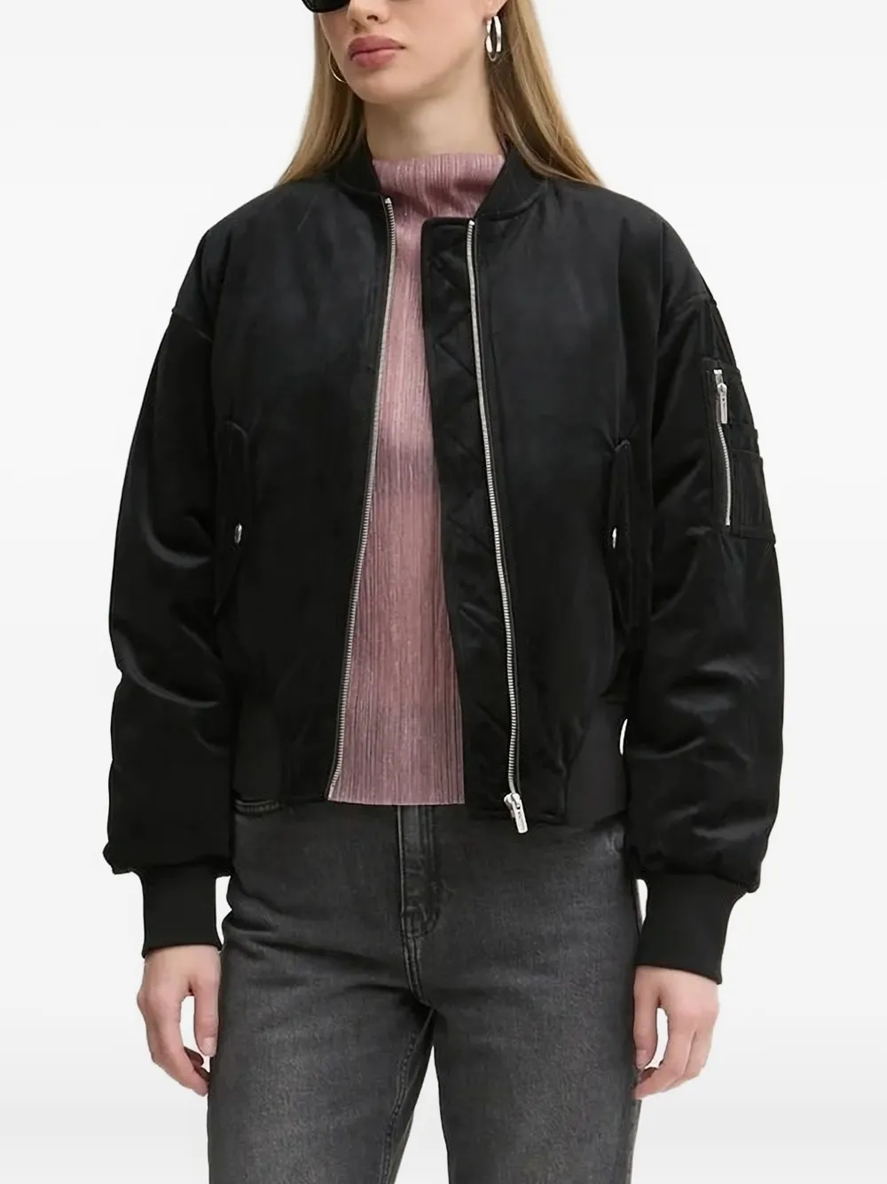 Karl Lagerfeld Jeans Zip-up Velvet Bomber Jacket In Black