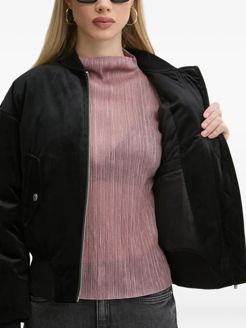 Karl Lagerfeld Jeans Zip-up Velvet Bomber Jacket In Black