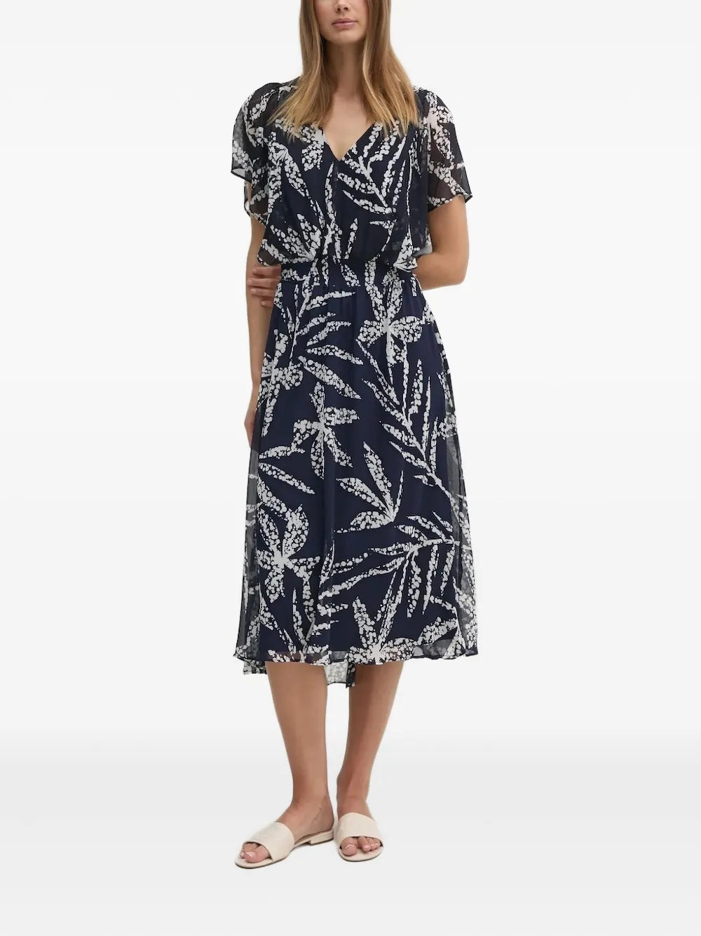 DKNY leaf-print midi dress Blauw