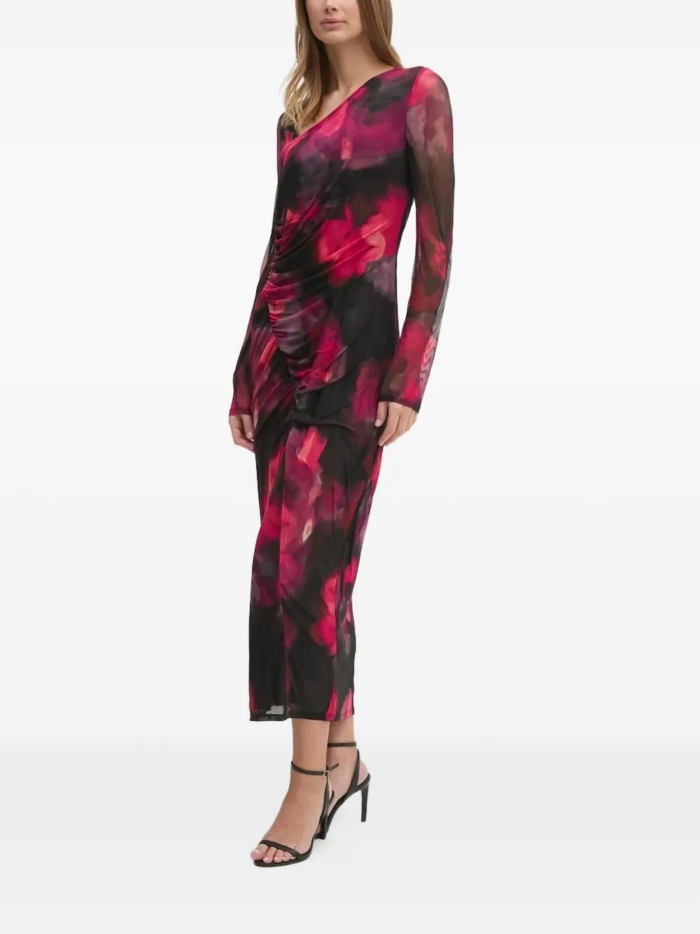 DKNY floral-print ruched midi dress Zwart