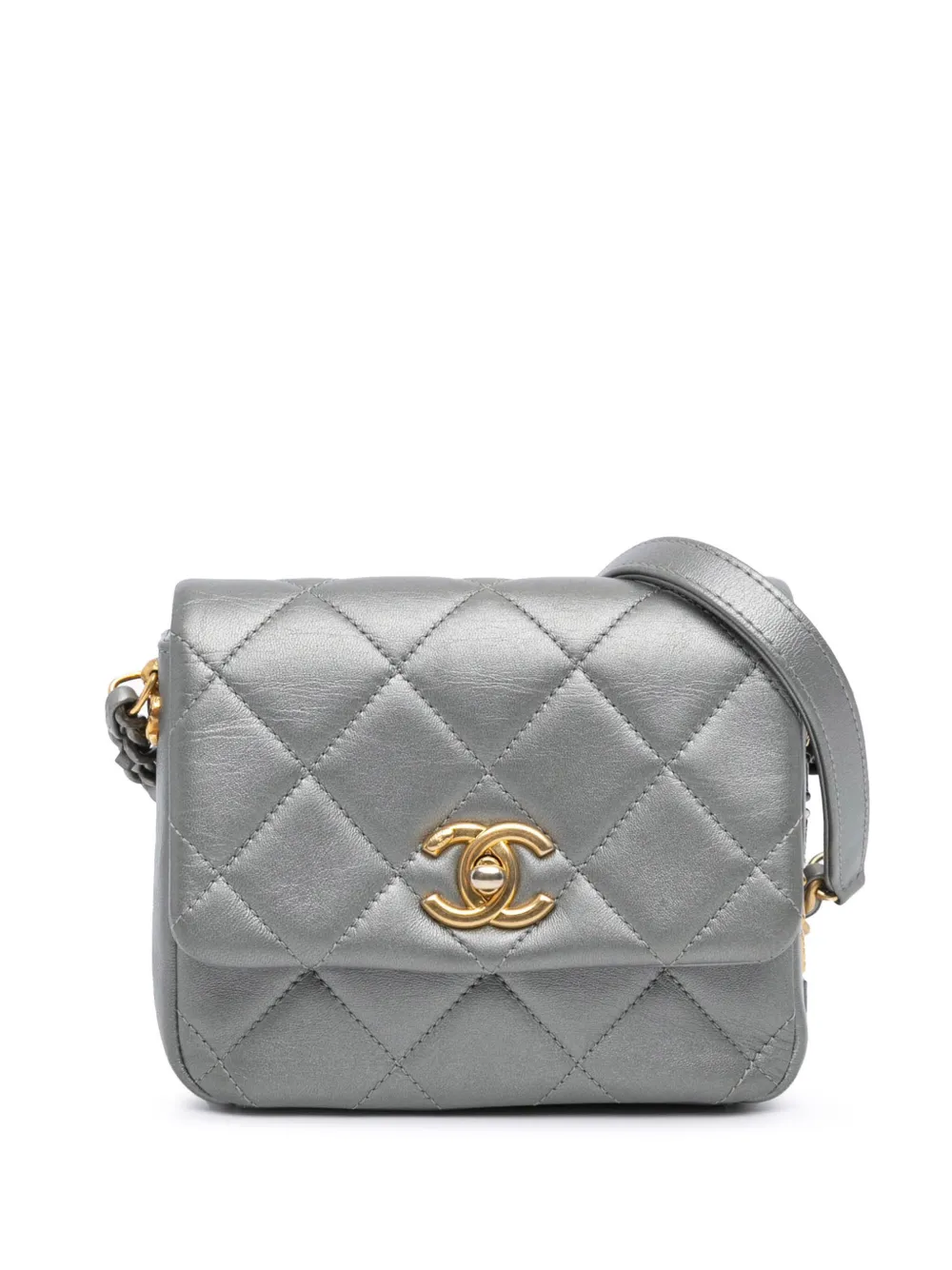 CHANEL Pre-Owned 2021-2024 mini Single Note Flap Umhängetasche aus gestepptem Lammleder | Silber | Image 1