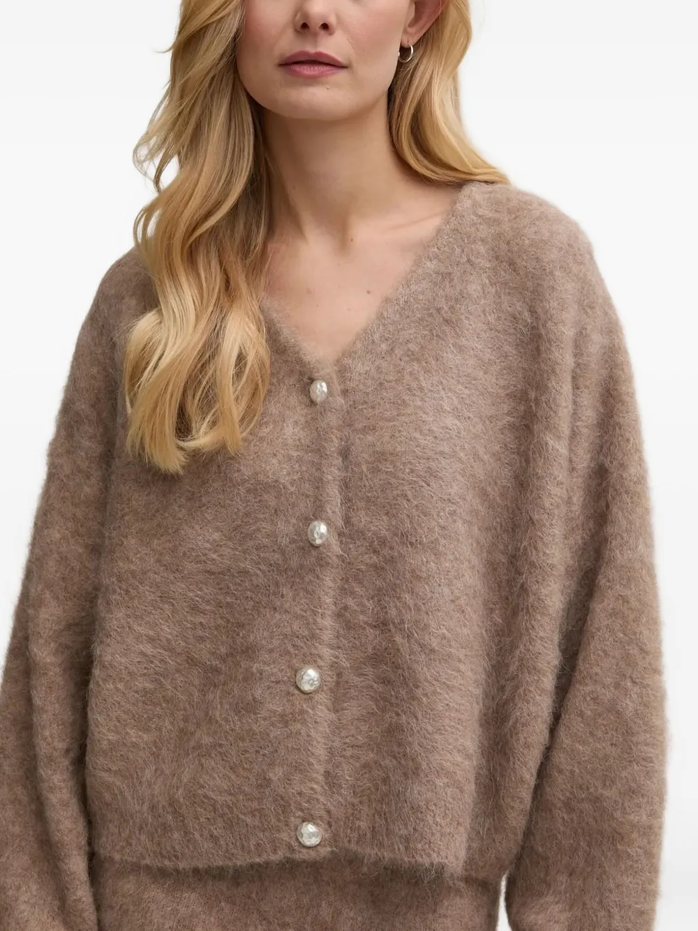 Gestuz Faux-pearl-button Alpaca-blend Cardigan In Brown